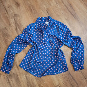 Tahari Retro Style Tie Polka Dot Button Up Blouse Size Large